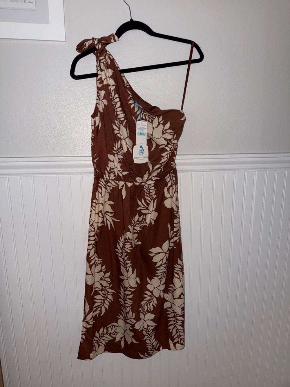 Tori Richard Brown and Cream One-Shoulder Floral Dress